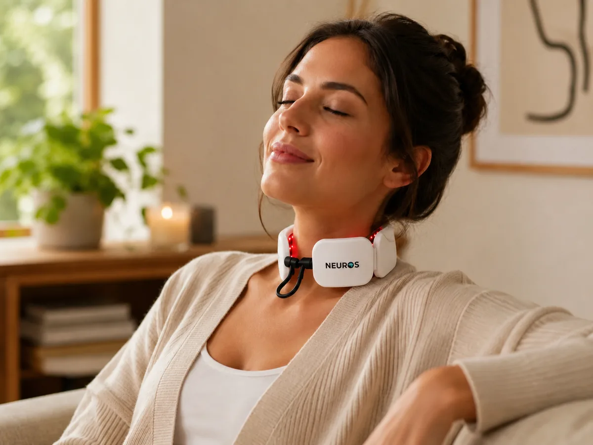 Femeie relaxată pe canapea, purtând NEUROS Calm la gât